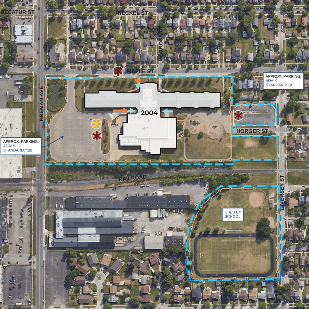 An illustration of McCollough-Unis and its surrounding area showing the school was built in 2004.